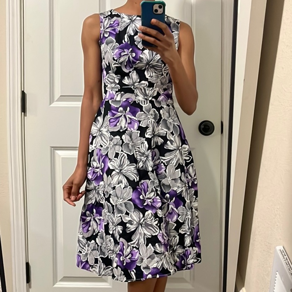 Acevog Black Floral Midi Dress with Purple and White Flowers